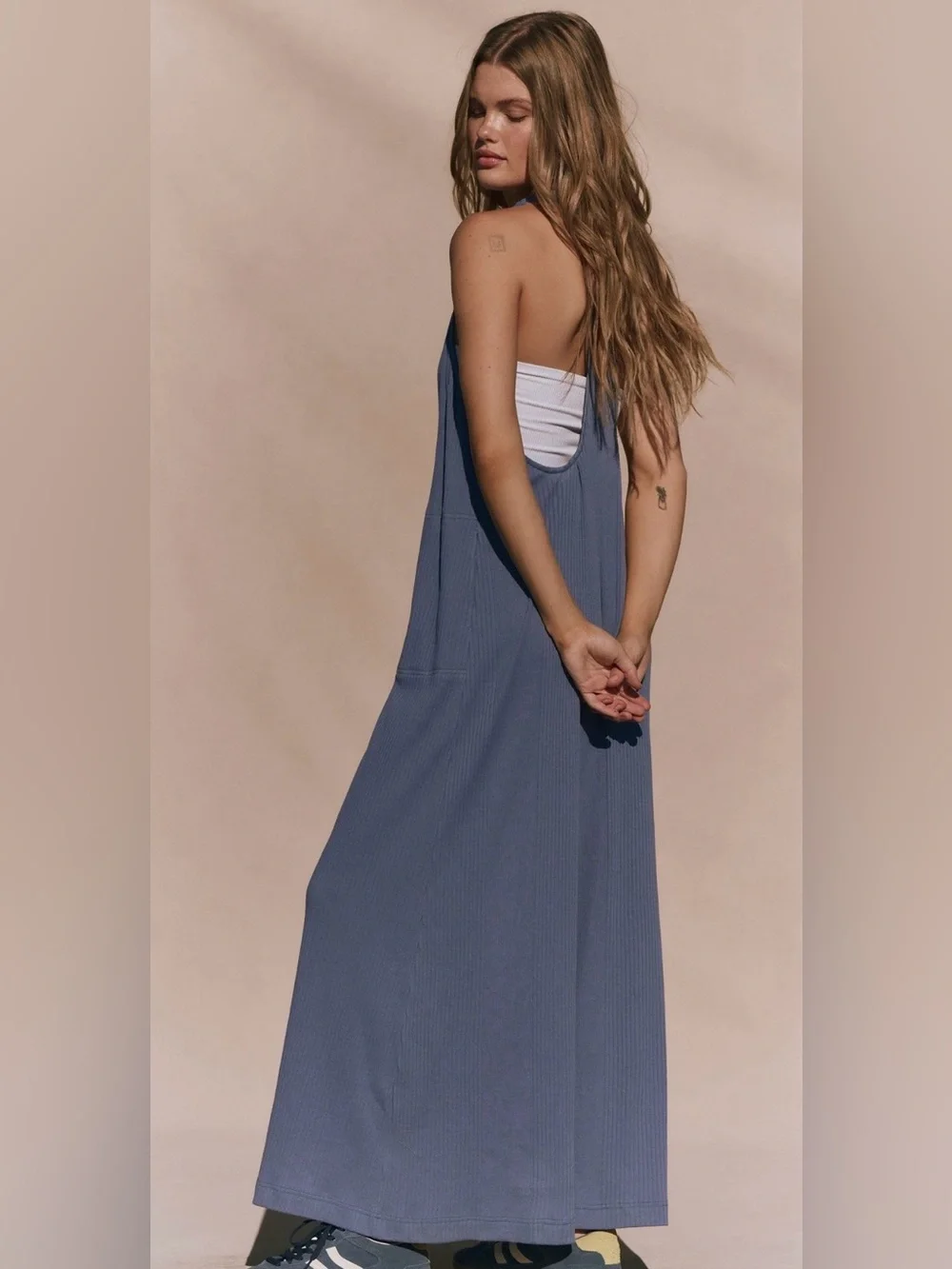 NWT Free People S Free~est Zena 1 Piece Jumpsuit in Rainfall Blue Cotton Pockets